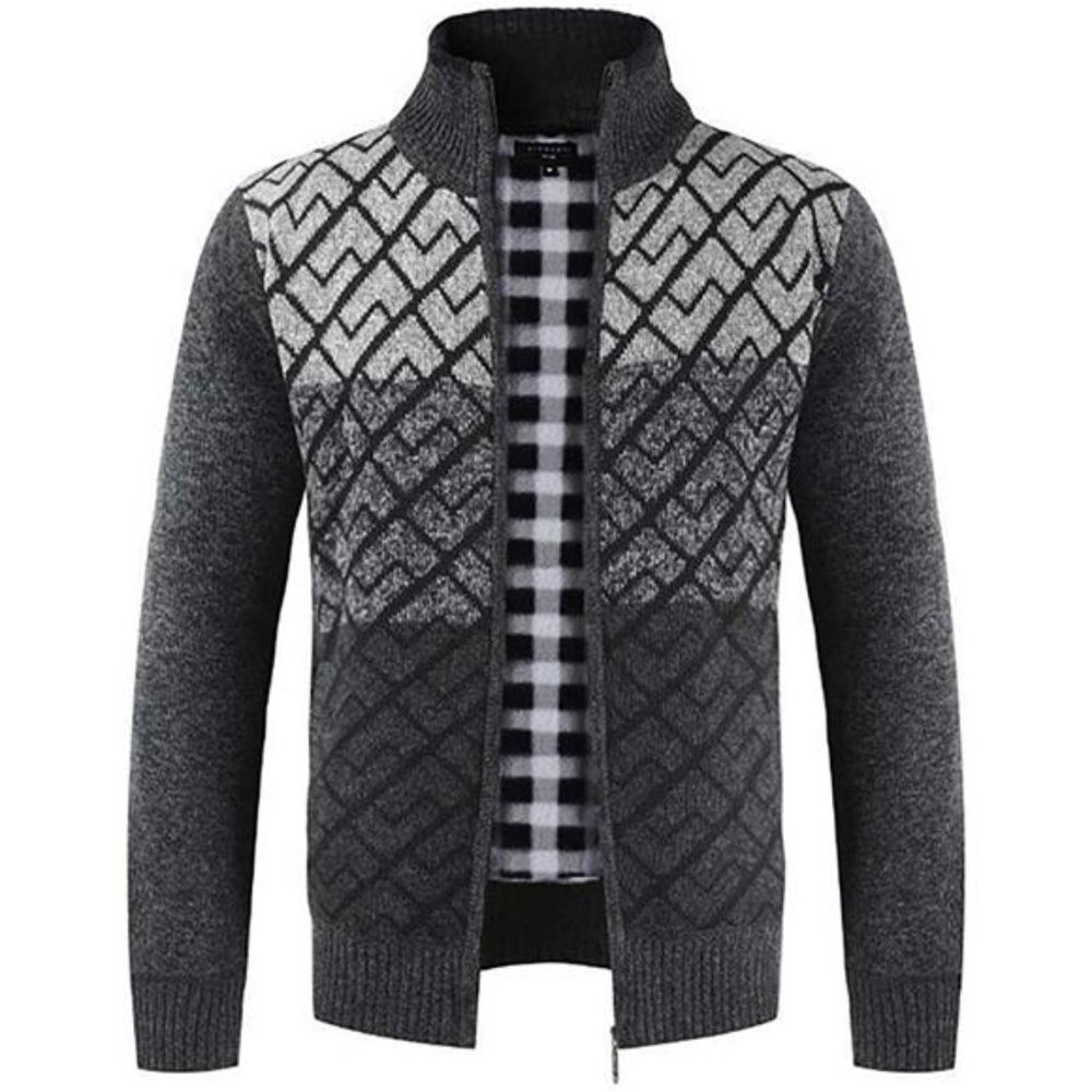 Men's Full Zip Block Design Cardigan Sweater with Soft Brushed Flannel Lining